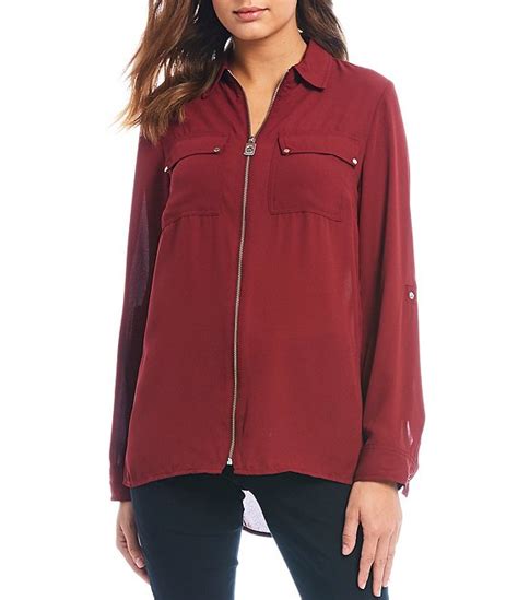 michael kors liquid crepe roll-tab sleeve zip-front top|Michael Kors short sleeve top.